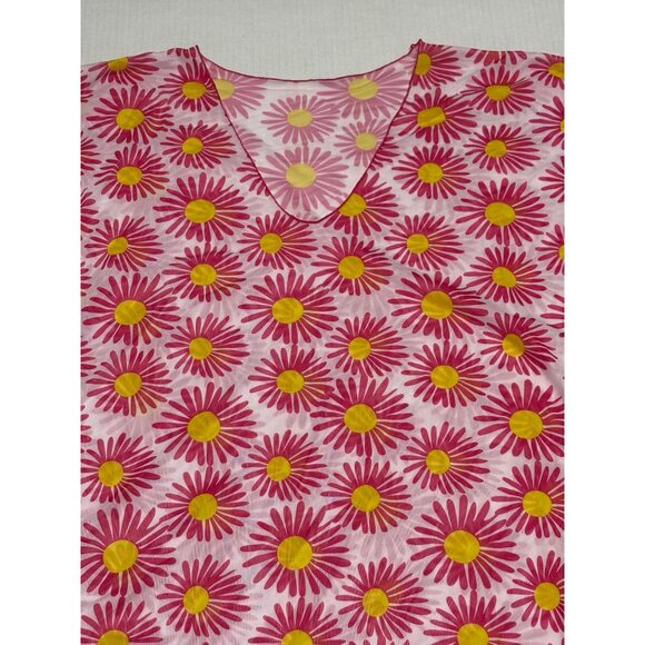Stylish Swimwear Pink Yellow Daisy Print Large Beach Swim Cover Up Sheer Hippie - Picture 4 of 7